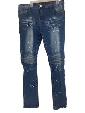 Switch Remarkable Slim Taper Fit Jeans Mens 36x34 Blue Moto Biker Paint Splatter